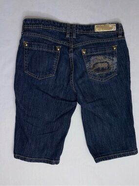 Dark Blue Denim Capris with Embroidered Back Pocket